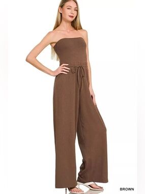 Zenana SMOCKED TUBE TOP JUMPSUIT BROWN